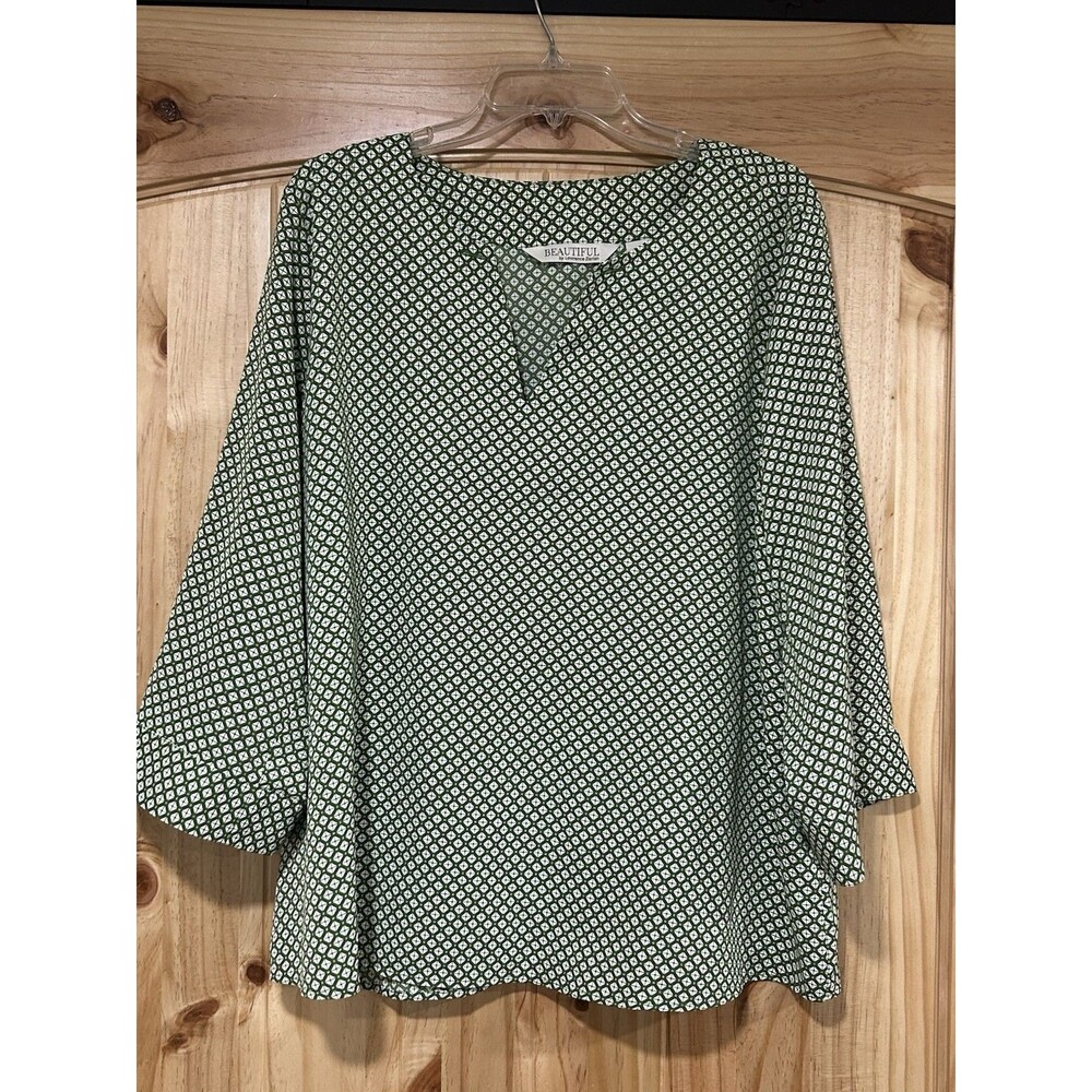 Beautiful By Lawrence Zarian Blouse Green Beige Geometric Print 3/4 Sleeves XL